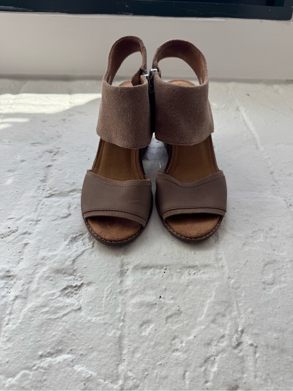 Toms ‘Majorca’ Taupe Open-Toe Suede Ankle-Wrap Wedges